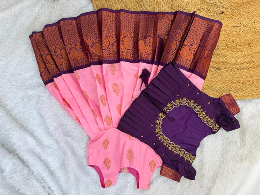 Beautiful Semi-Silk Pink Petticoat with Aari Top