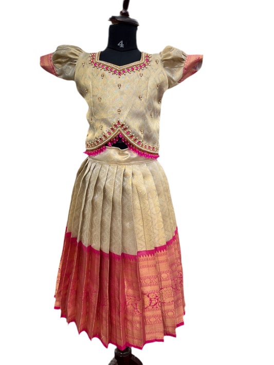 Bright Pink and Gold Semi-Silk Lehenga Set