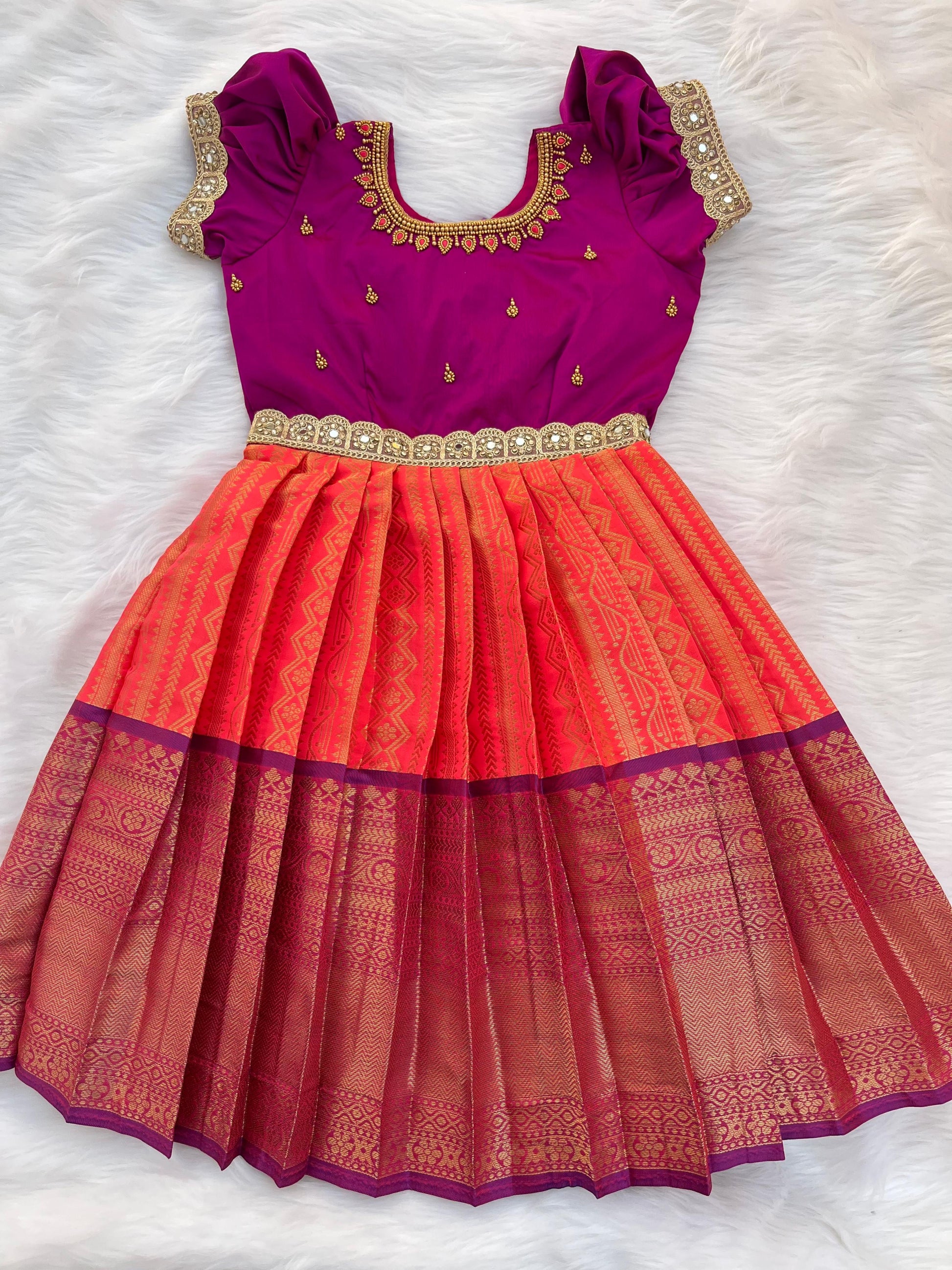 Purple and Orange Semi-Silk Frock with Aari Kalas Couture India Purple and Orange Semi-Silk Frock with Aari Kalas Couture India