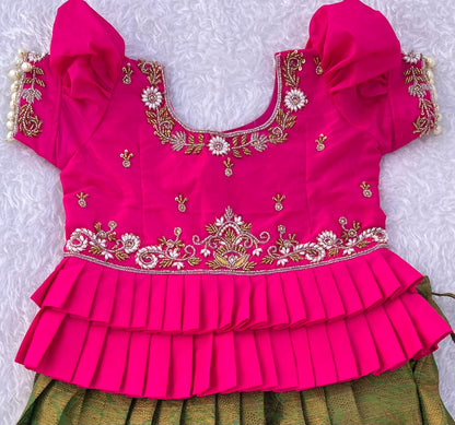 Vibrant Pink and Green Silk Lehenga with Gold Zari Border