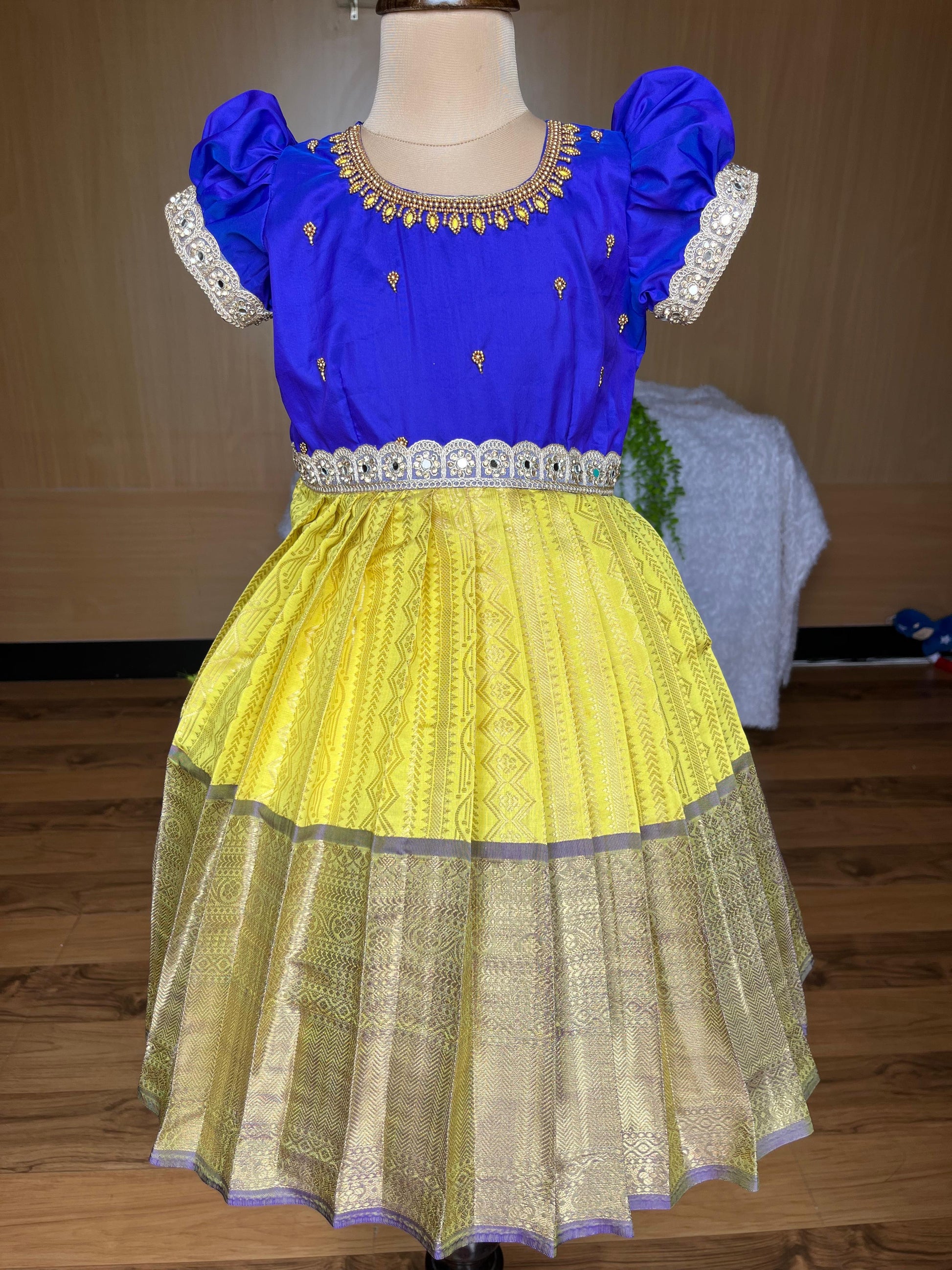 Yellow and blue Frock fro kids Kalas Couture India Yellow and blue Frock fro kids Kalas Couture India