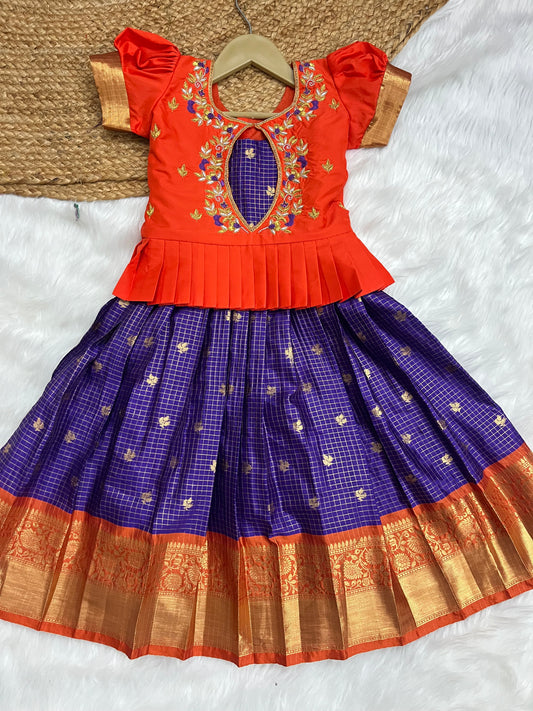 Premium Aari Work Pattu Lehenga - Orange