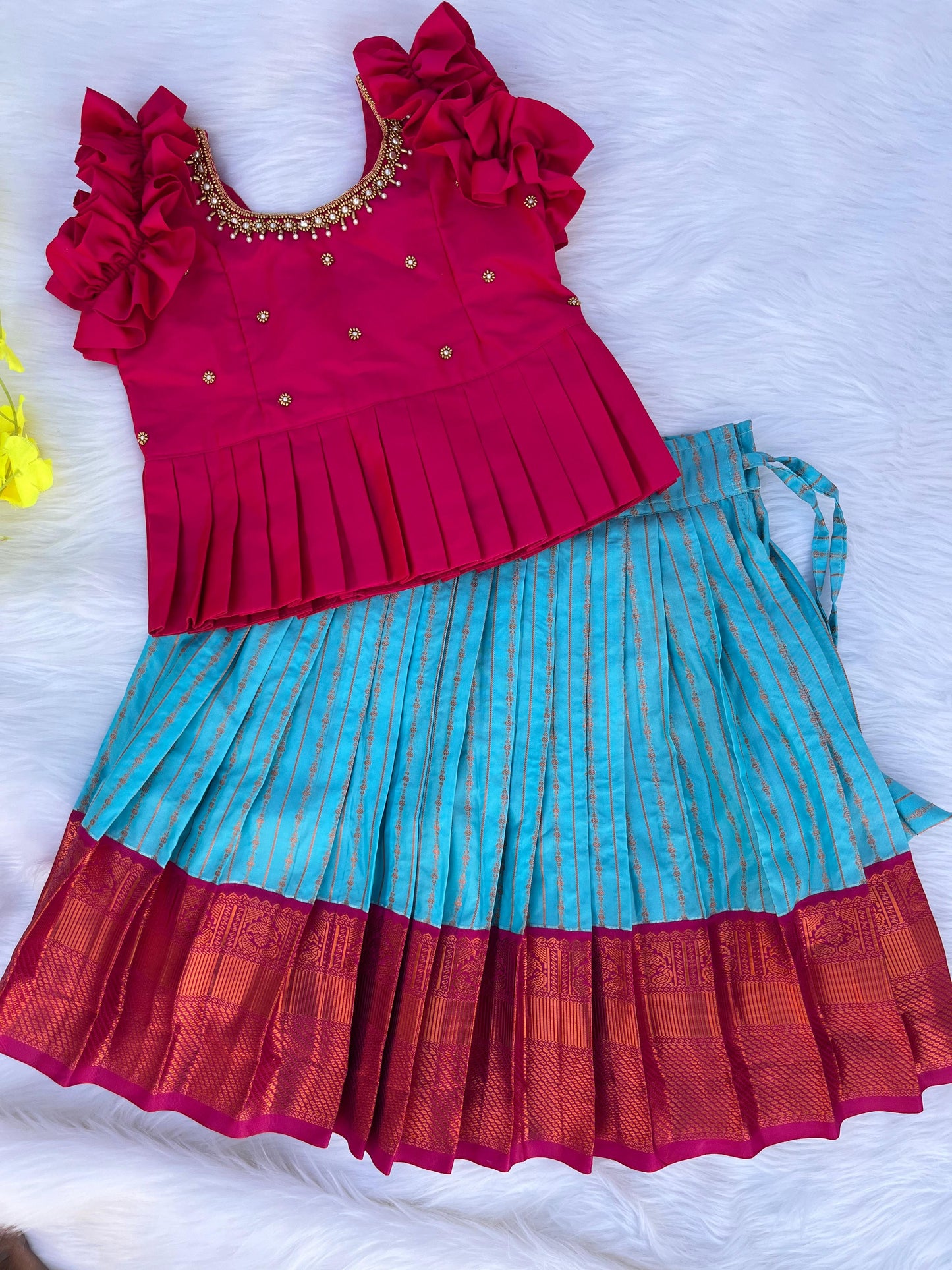 Sky Blue Kids Lehenga with Hand Aari Work