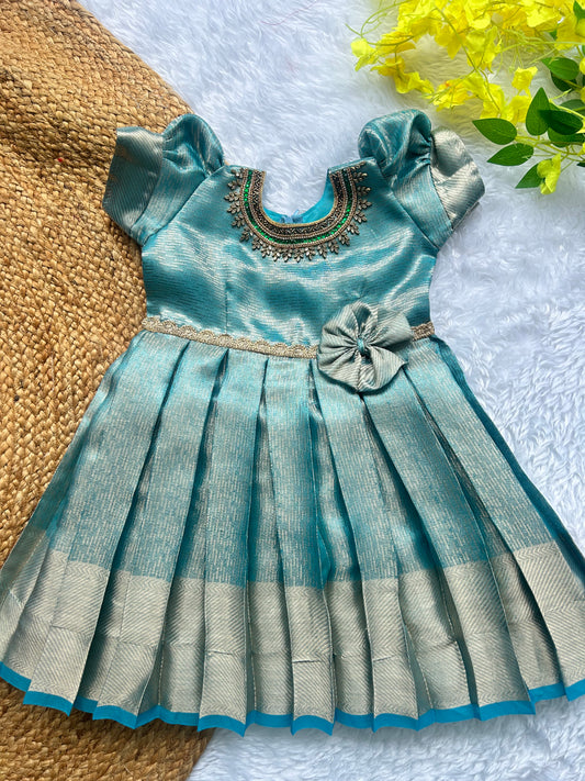 Ocean Blue Pleated Party Frock for Baby Girls