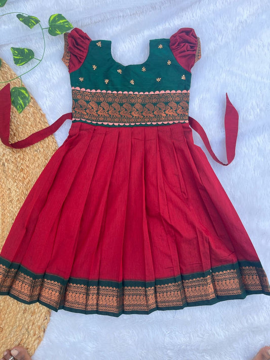 Dazzling Elegance: Maroon and Green Cotton Frock with Puff Sleeves