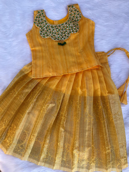 Peterpan Collar Linen Tissue Lehenga Set with Kundan