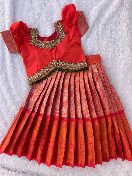 Red Traditional Lehenga with Aari Work Top