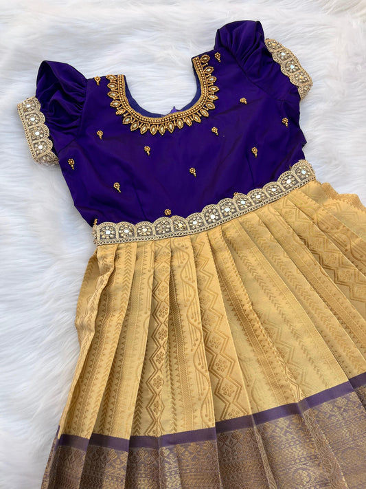 Purple and Yellow Semi Pattu Frock