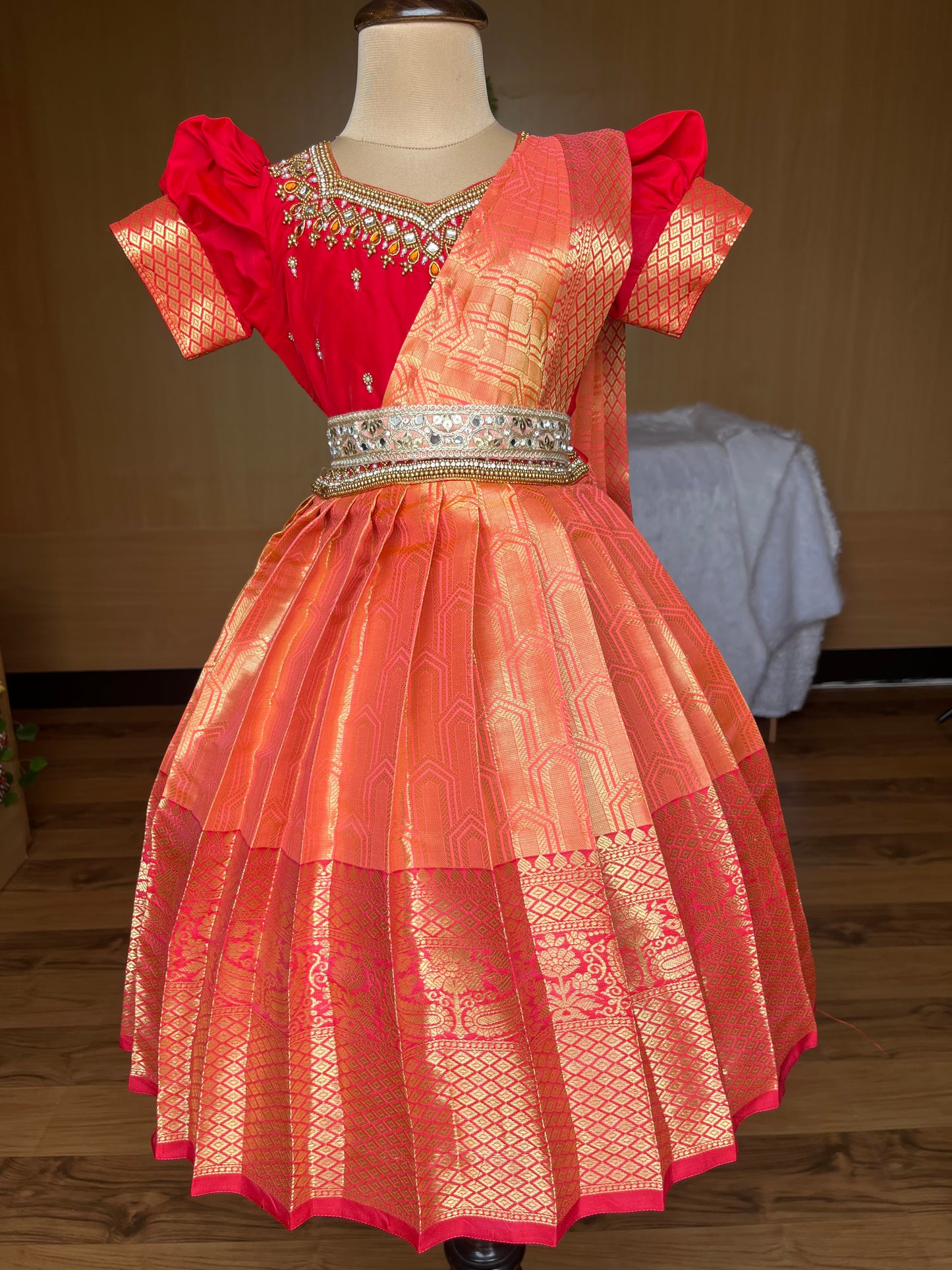 Orange and RedTraditional Lehenga with Aari Work