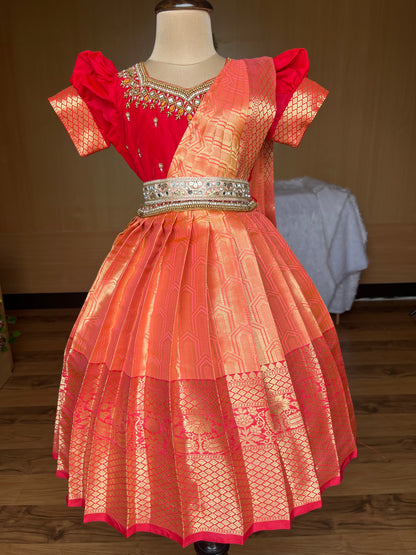 Orange and RedTraditional Lehenga with Aari Work
