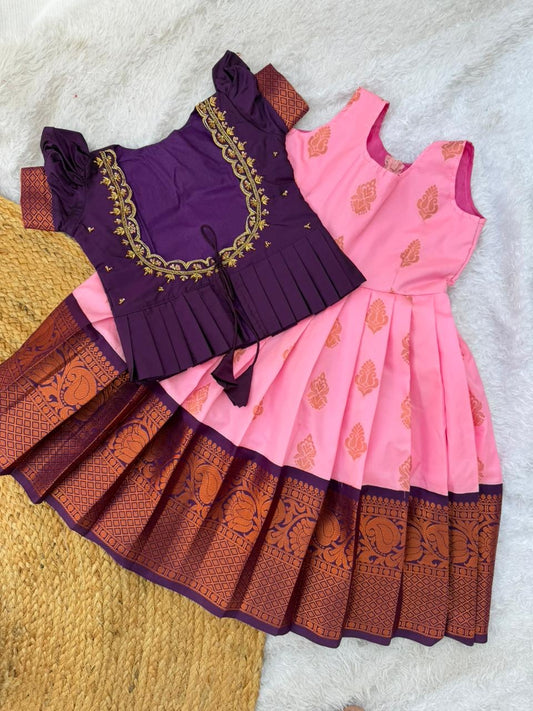 Beautiful Semi-Silk Pink Petticoat with Aari Top