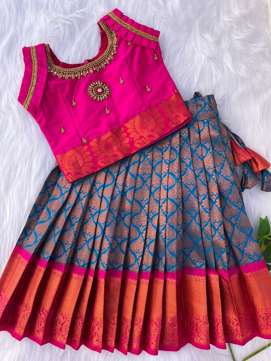 Royal Blue and Red Semi-Silk Lehenga with Aari