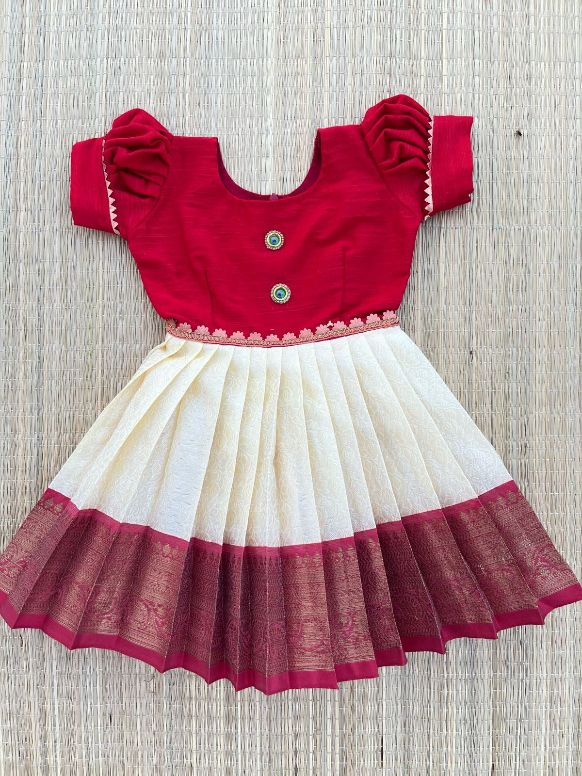 All-Day Comfort: Milk White and Red Frock with Puff Sleeves