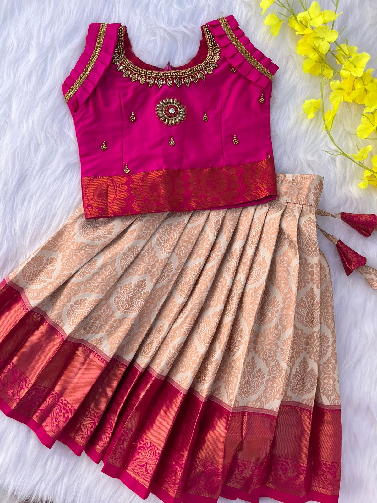 Yellow and Pink Semi-Silk Lehenga with Mirror Aari Work