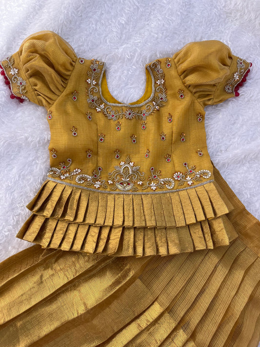 Gold Silk Pleated Lehenga for Girls