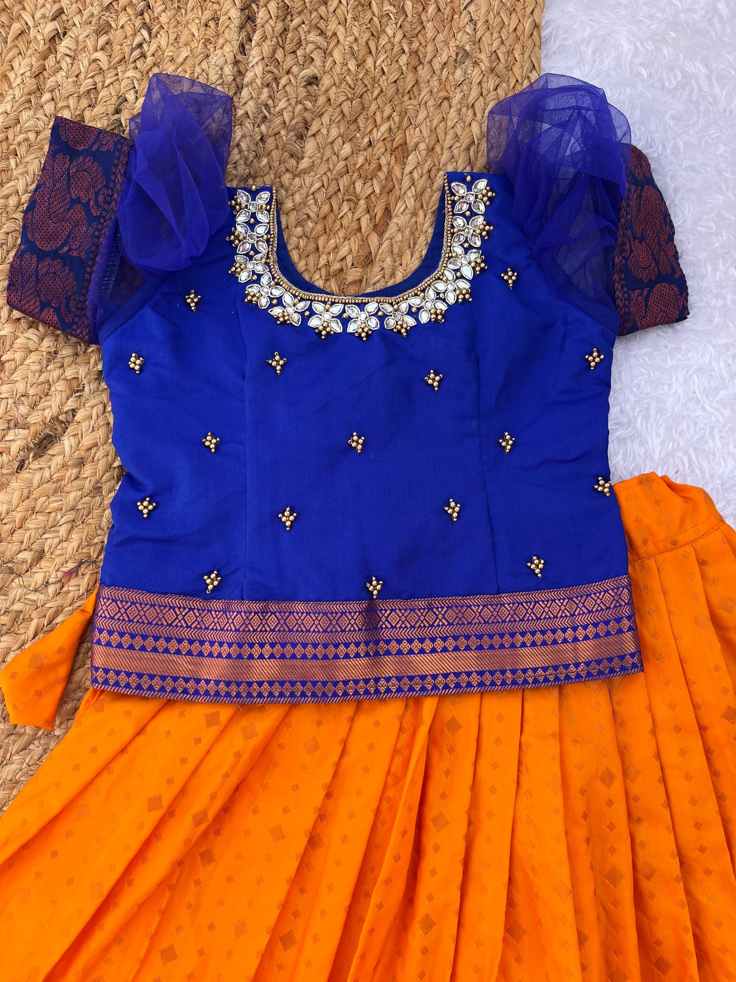 Vibrant Blue and Orange Girls Lehenga with Aari Work