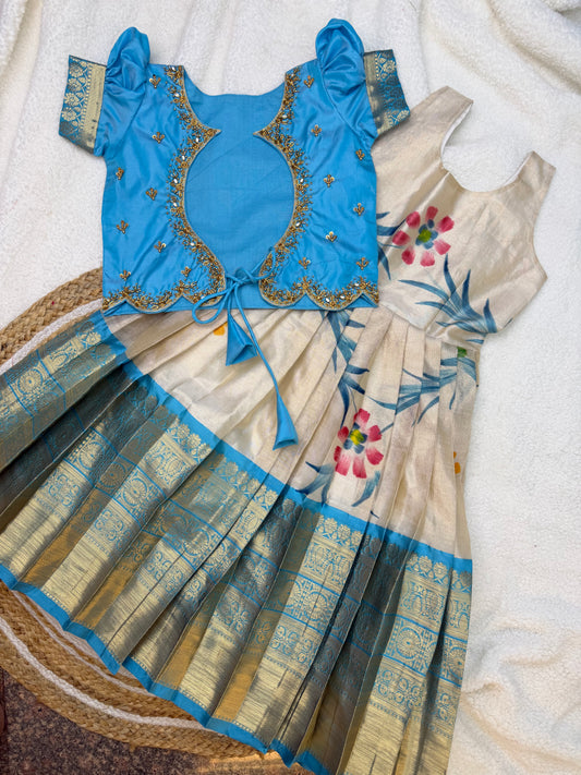 Aqua Blue : Elegant Embroidered Blouse with Tissue Silk