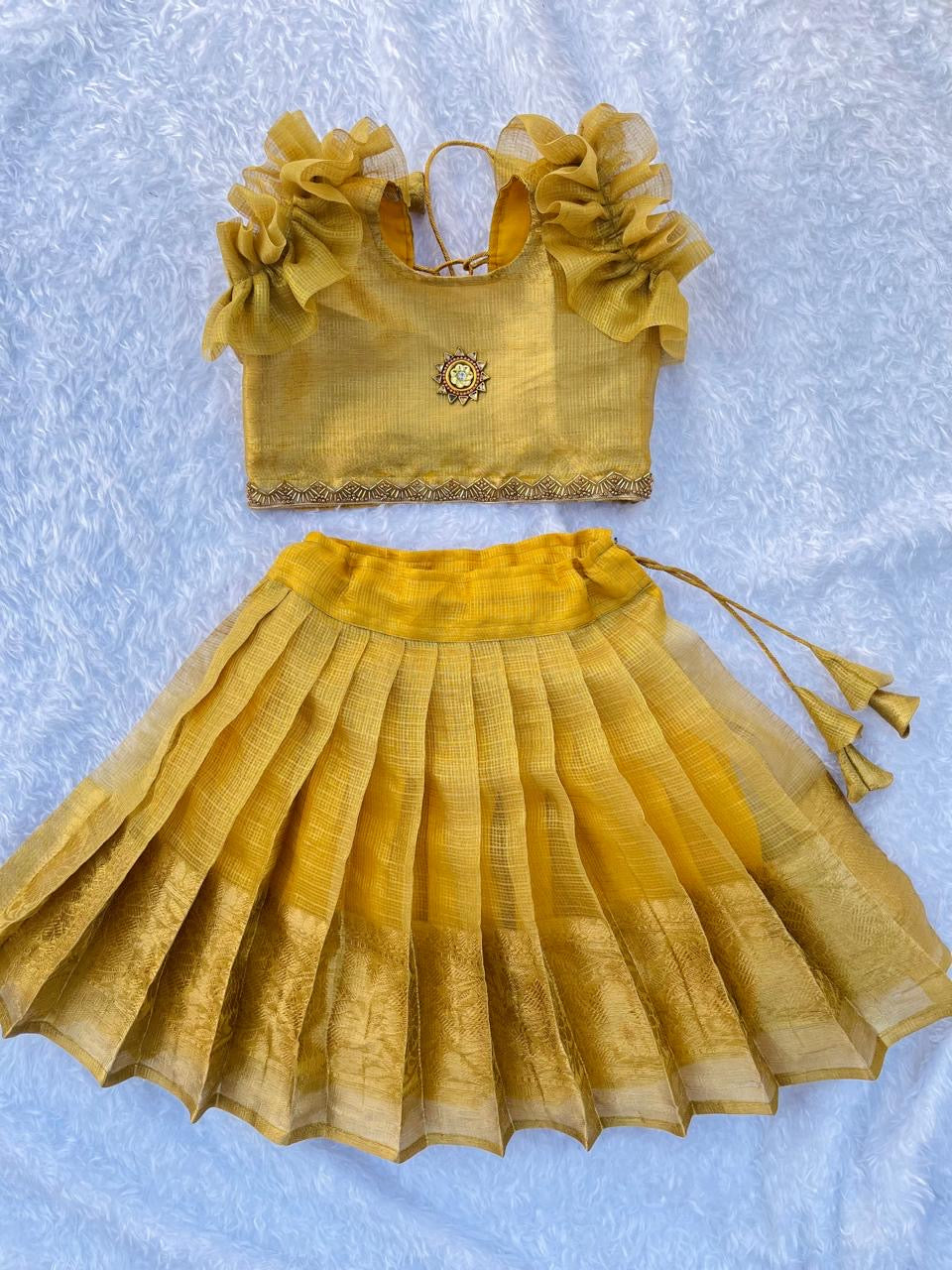 Golden Elegance: A Tissue Lehenga with Crop top