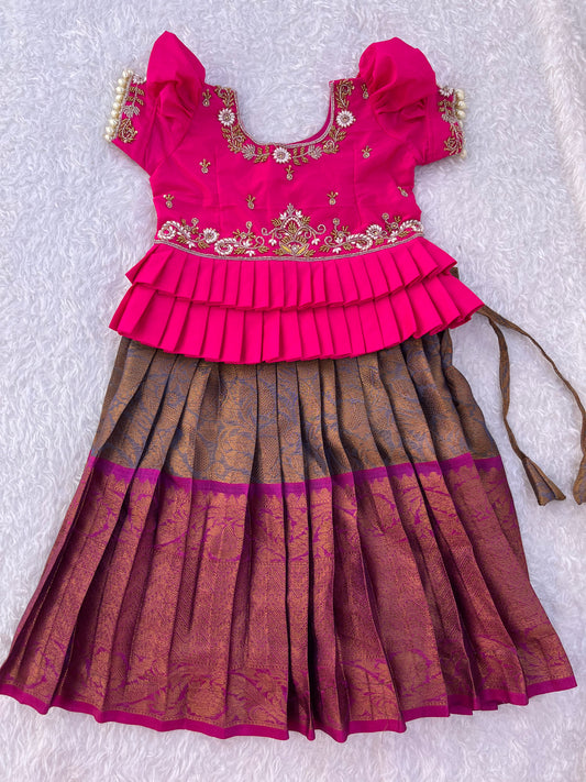 Deep Pink and Maroon Brocade Lehenga with Gold Aariwork