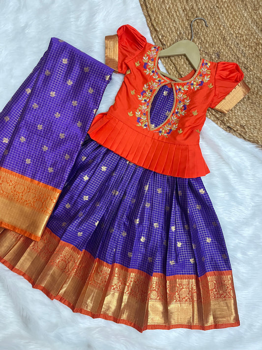 Premium Aari Work Pattu Lehenga - Orange