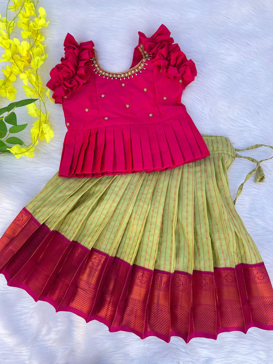 Leaf Green Kids Lehenga with Hand Aari Work