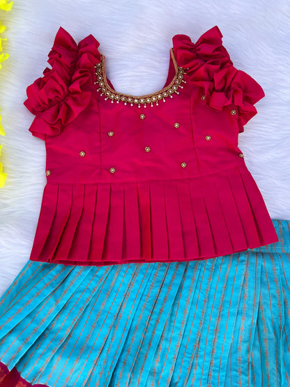 Sky Blue Kids Lehenga with Hand Aari Work