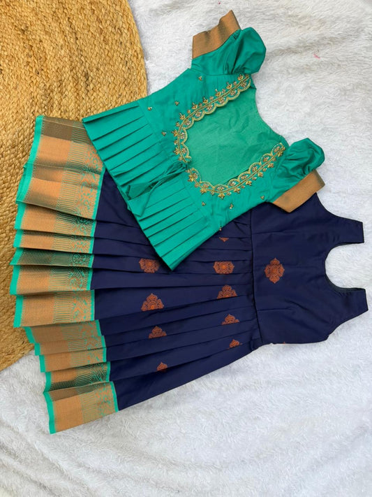 Beautiful Semi-Silk Blue Petticoat with Aari Top