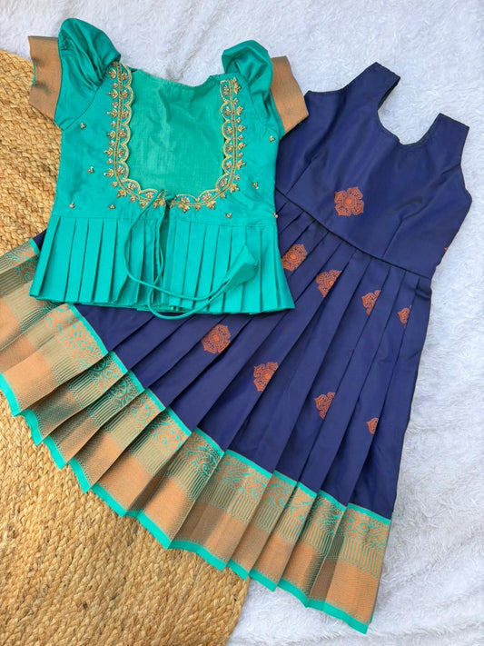 Beautiful Semi-Silk Blue Petticoat with Aari Top