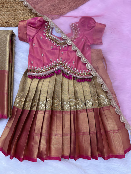 Premium Elegant Pink and Gold Kids Lehenga for Pongal