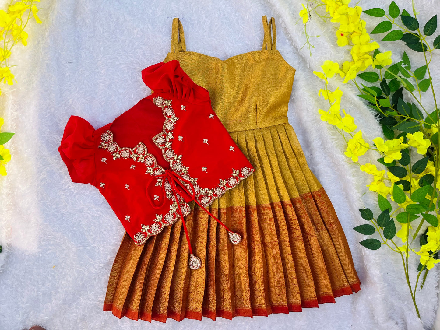 Premium Aari Work : Golden Frock with Red Overcoat