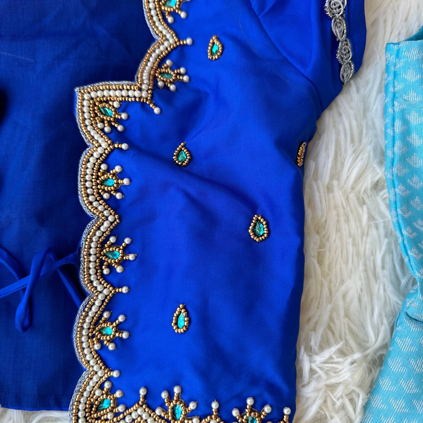 Teal Elegance: Semi Silk Frock with Dark Blue Aari Overcoat