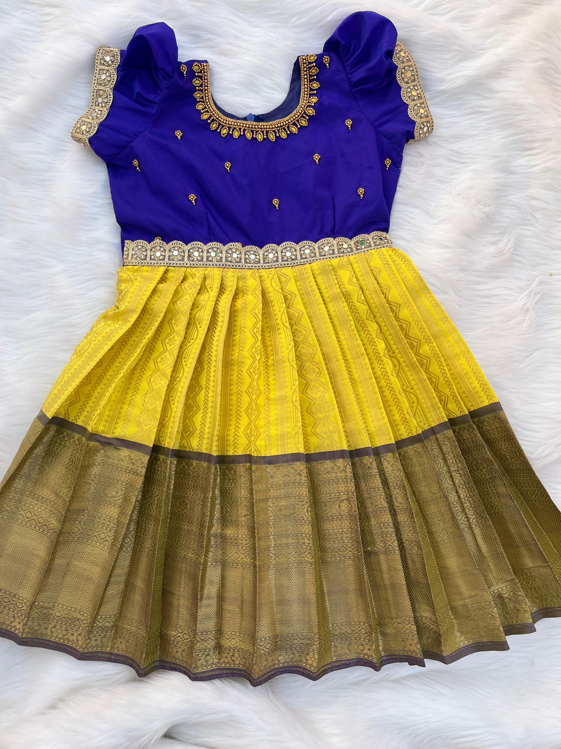 Yellow and blue Frock fro kids Kalas Couture India Yellow and blue Frock fro kids Kalas Couture India