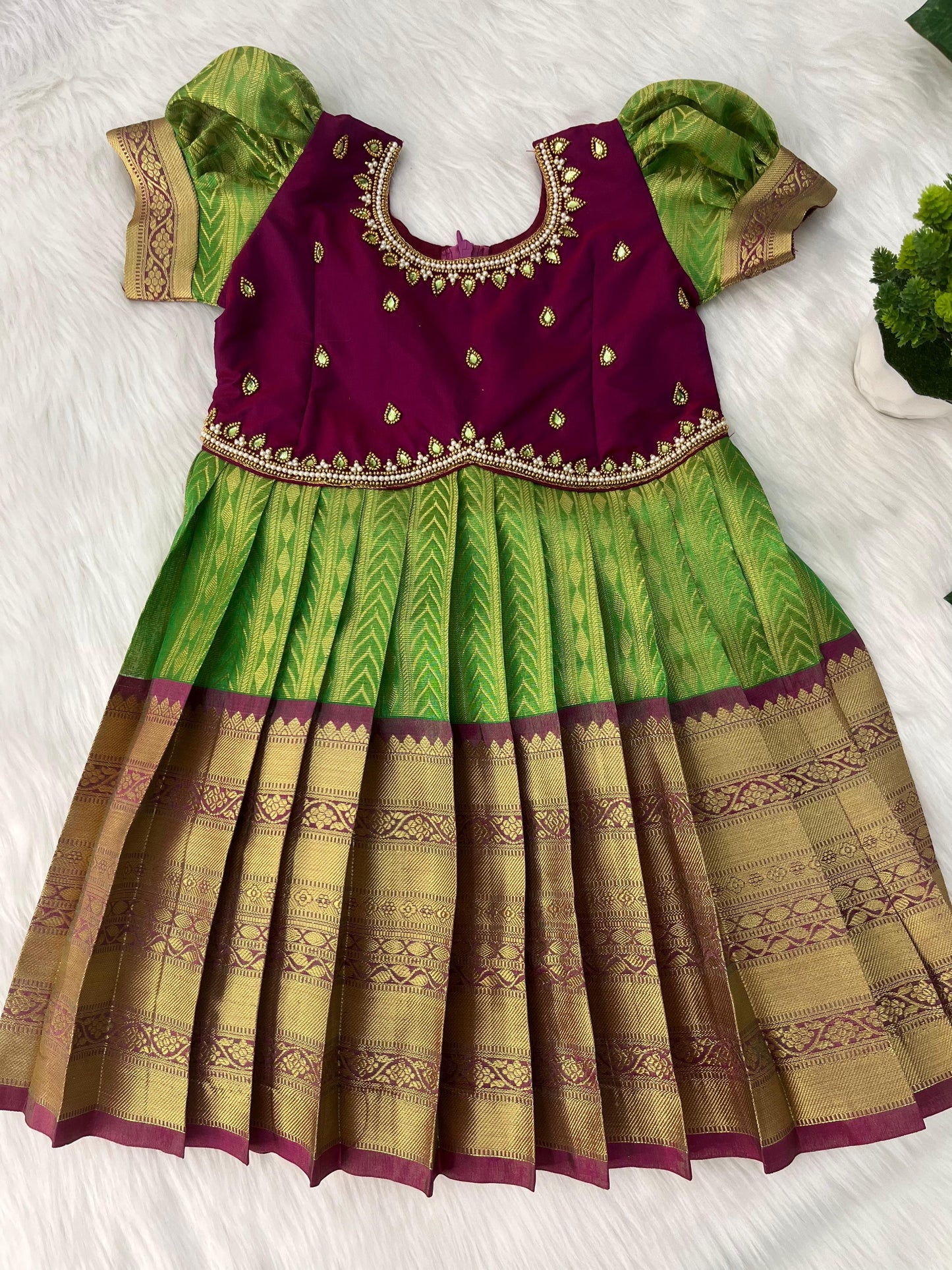 Green ~ Grand Banaras Silk Aari Work Frock