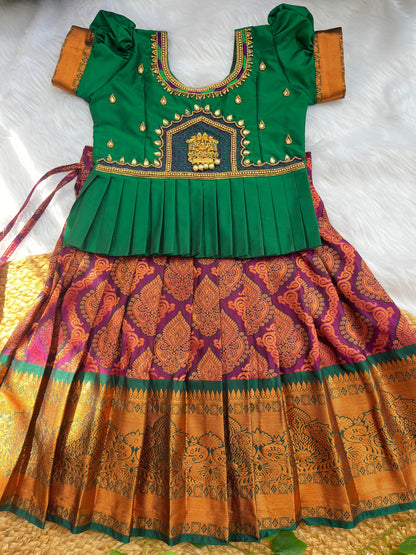 Green Aari Work Top and purple Skirt: A Stylish Fusion