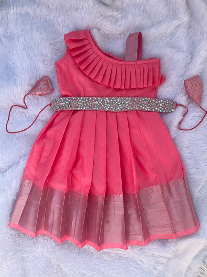 Baby Pink One Shoulder Frock with Hip Belt