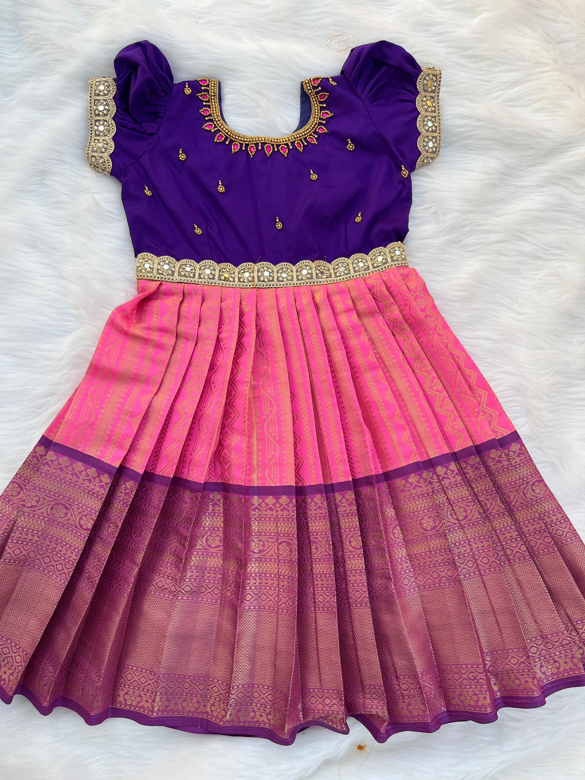 Purple and Pink Semi-Silk Frock with Aari Work to Months