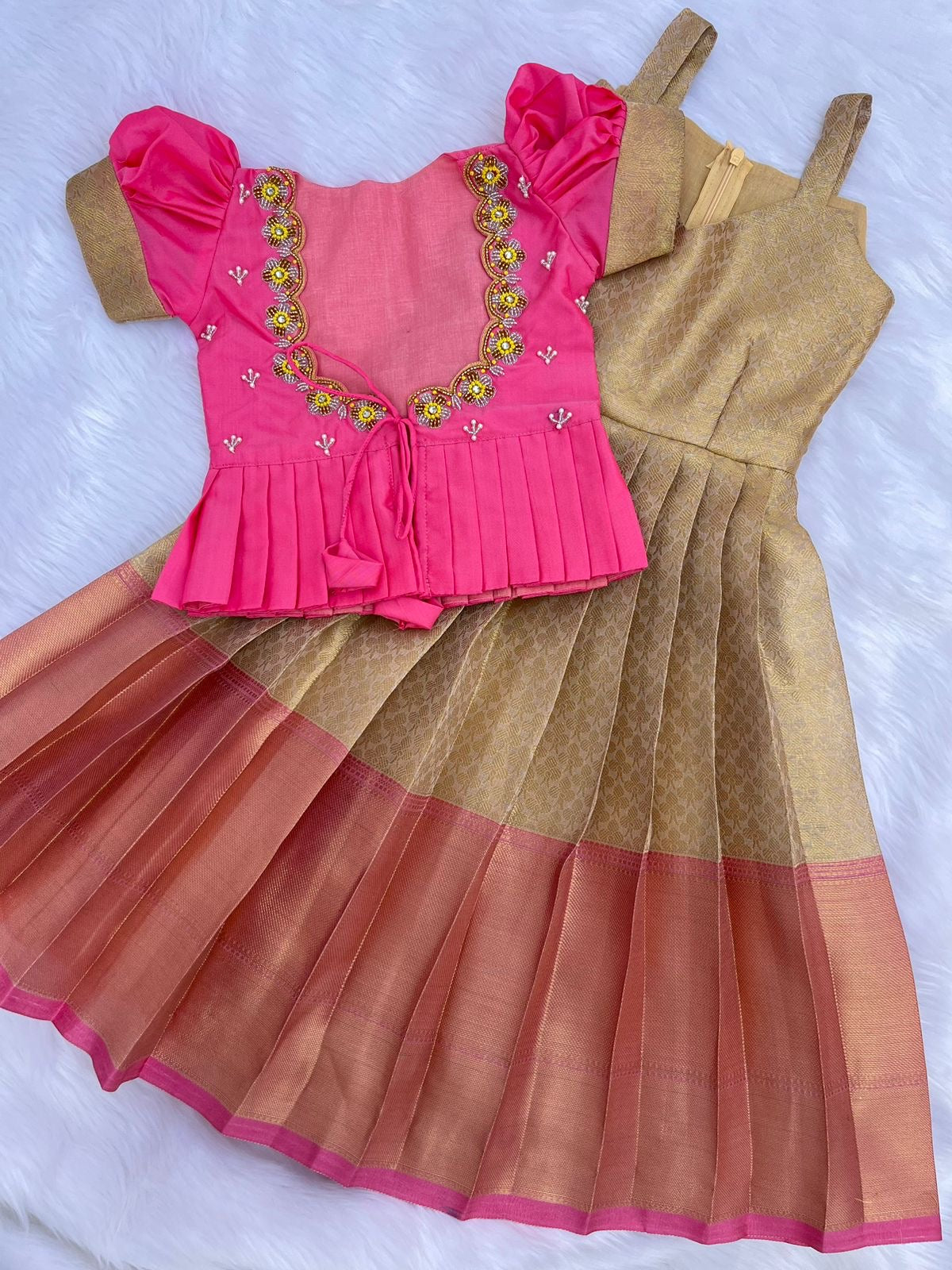 Elegant Pink and Gold Lehenga with Overcoat