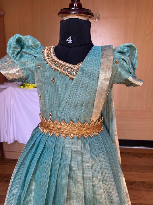 Ocean Blue Tissue Silk Lehenga with Puff Sleeves