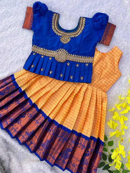 Kids Lehenga with Aari Work- Royal Blue Yellow or Cream Skirt