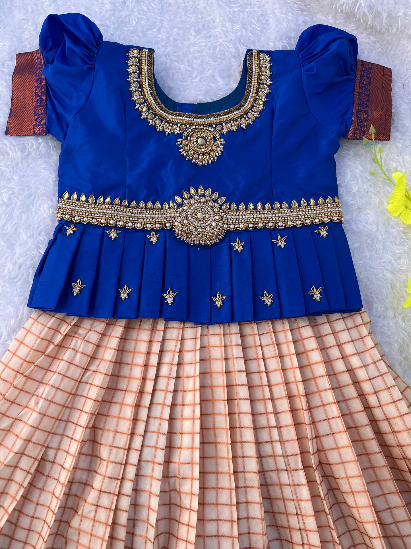 Kids Lehenga with Aari Work- Royal Blue Yellow or Cream Skirt