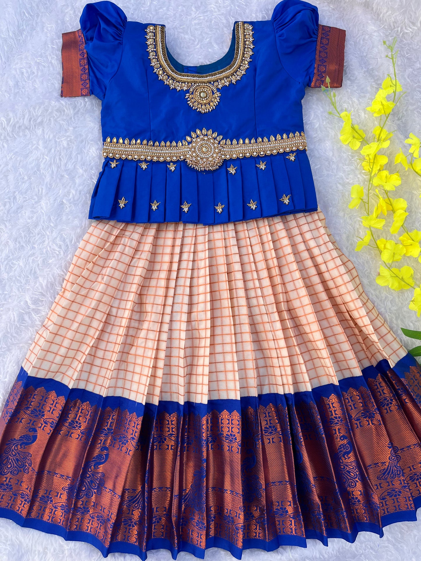 Kids Lehenga with Aari Work- Royal Blue Yellow or Cream Skirt