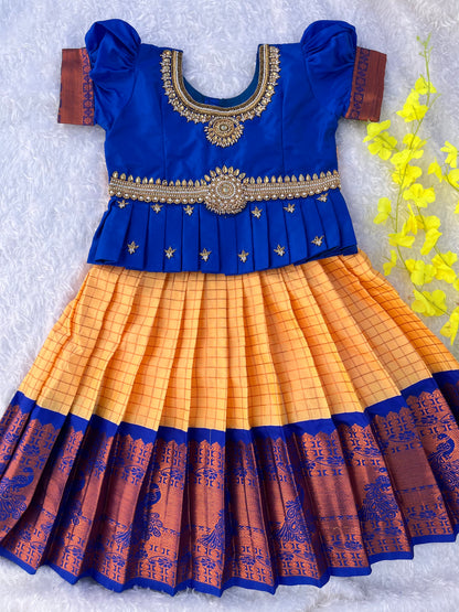 Kids Lehenga with Aari Work- Royal Blue Yellow or Cream Skirt