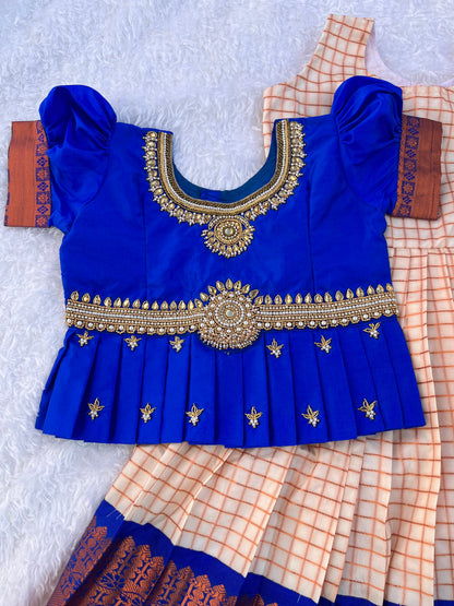 Kids Lehenga with Aari Work- Royal Blue Yellow or Cream Skirt