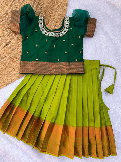 Traditional Green and Gold Silk Lehenga Choli for Girls