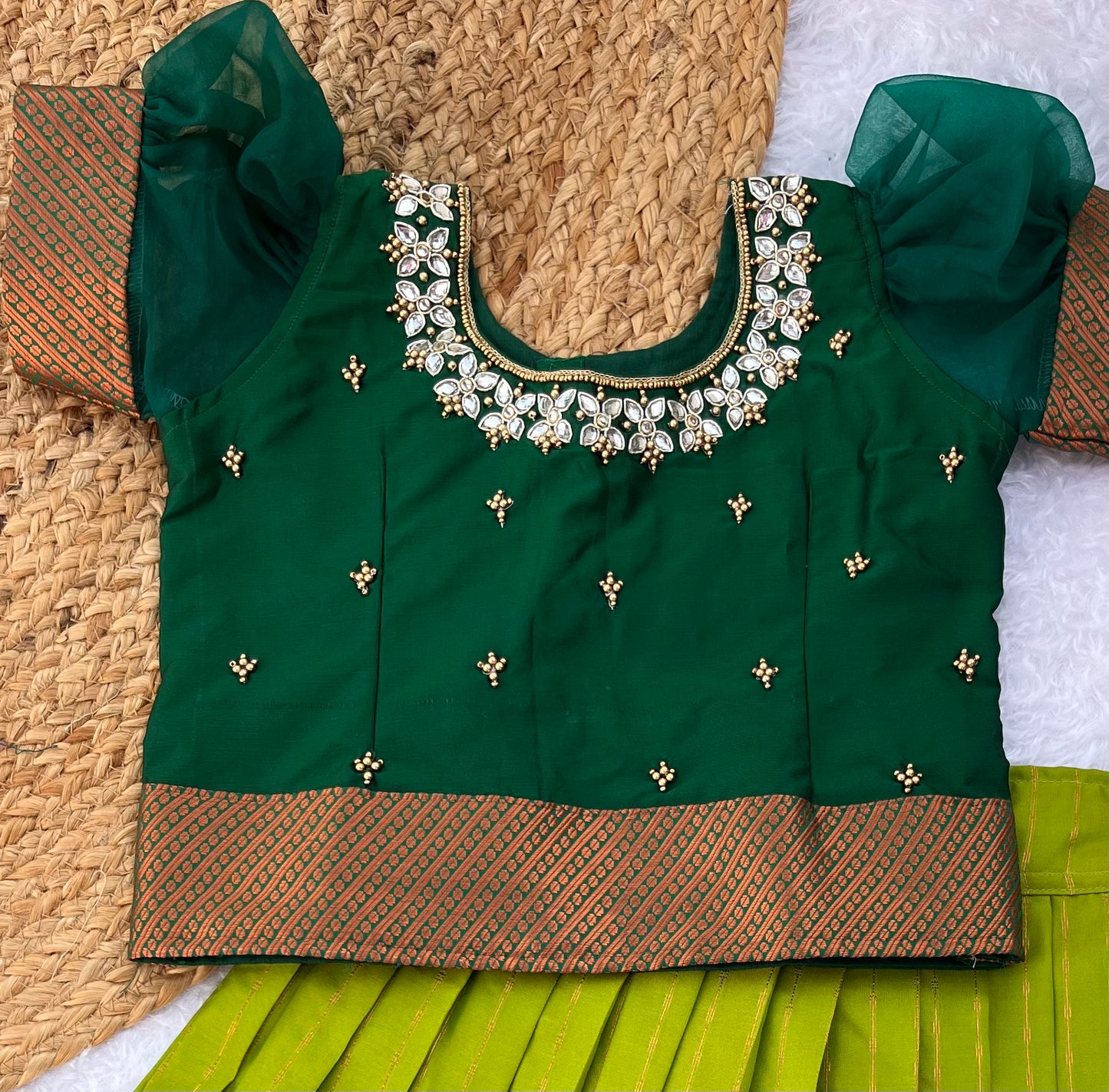 Traditional Green and Gold Silk Lehenga Choli for Girls