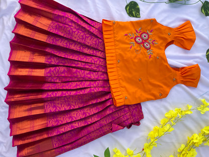 Vibrant Orange and Pink Traditional Silk Lehenga for Girls