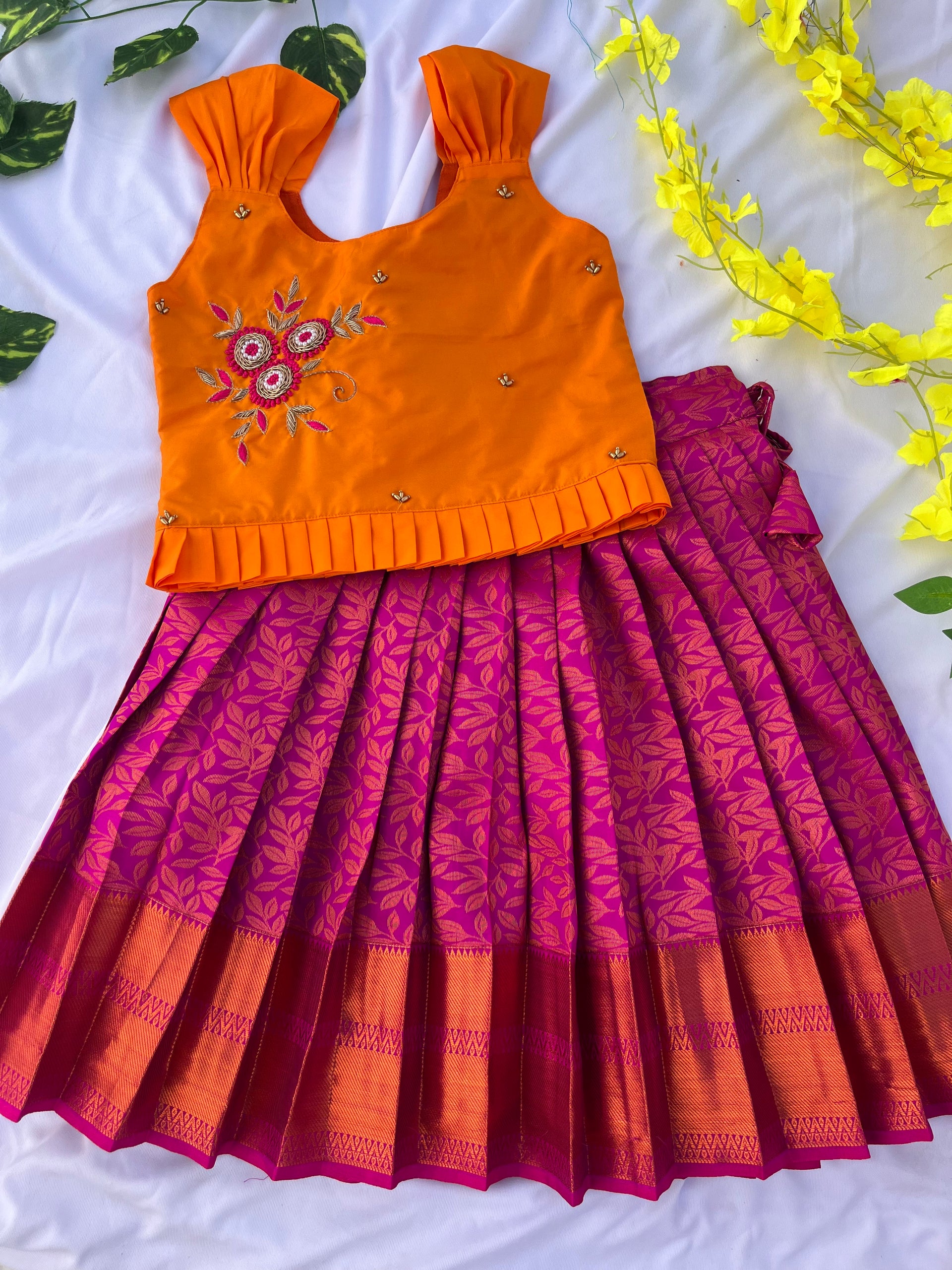 Vibrant Orange and Pink Traditional Silk Lehenga for Girls to 12 Months