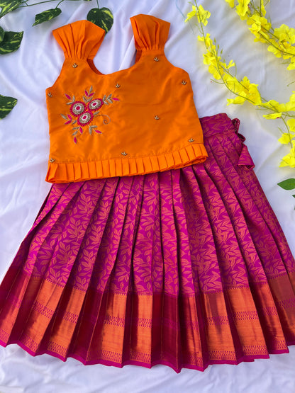 Vibrant Orange and Pink Traditional Silk Lehenga for Girls