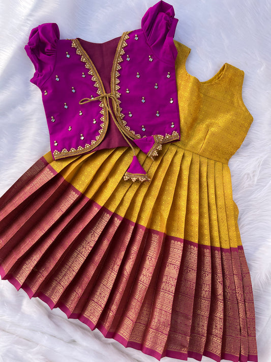 Yellow and Purple 2-in-1 Frock with Aari Work Overcoat