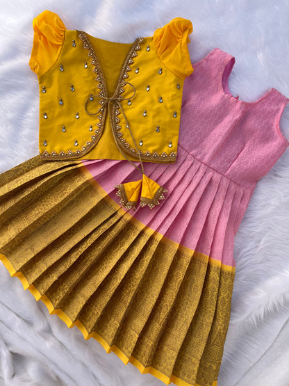 Pink and Yellow 2-in-1 Frock with Aari Work Overcoat